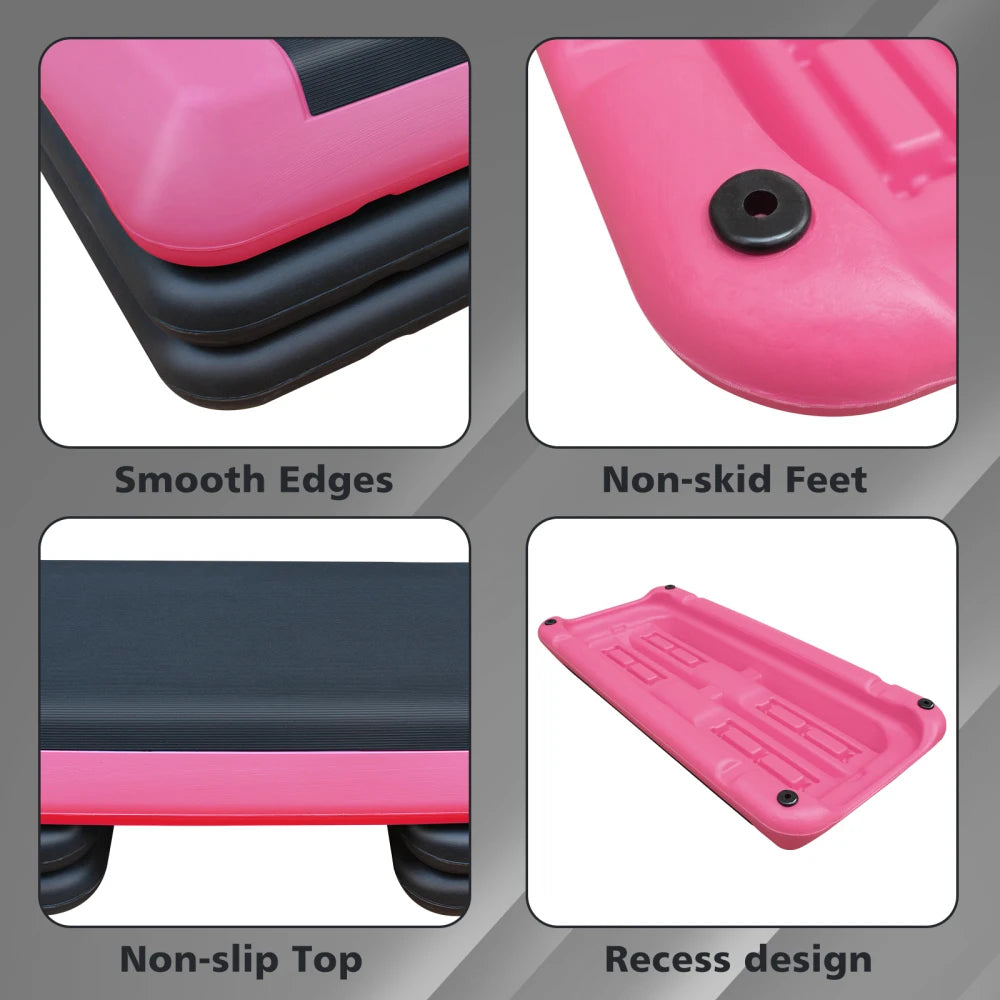 Adjustable Workout Aerobic Stepper, Fitness & Exercise Step Platform, Trainer, Pink Black with 4 Risers