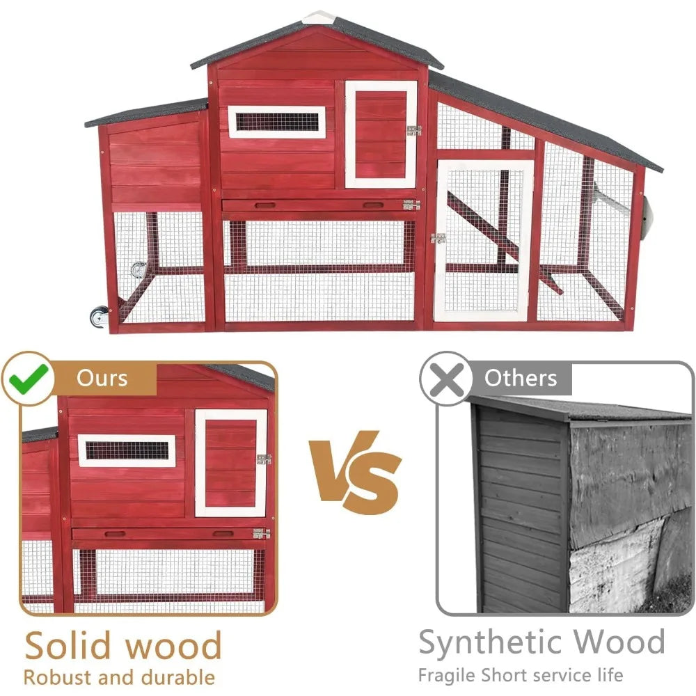 Large Wooden Chicken Tractor with Wheels, Waterproof Outdoor Hen House, Poultry Cage for Backyard Chicken Coop with Run