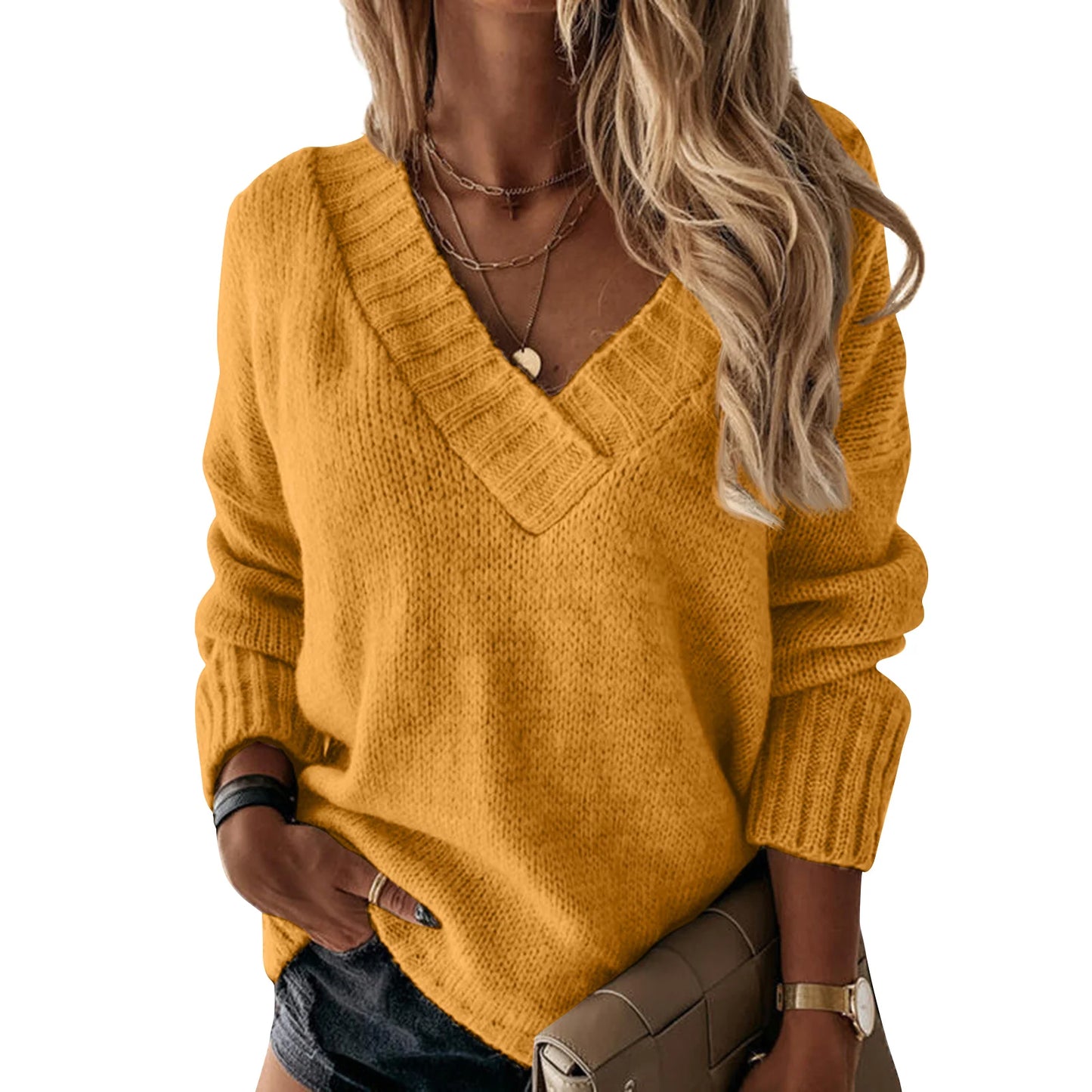 Women's Solid Color Sweater, V-Neck Long, Sleeved Pullover Sweater