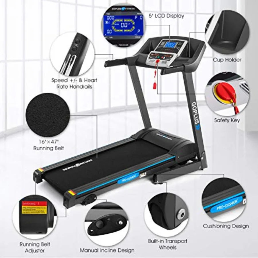 2.25HP Electric Folding Treadmill with Incline, Walking Running Jogging Fitness Machine with Blue Backlit LCD Display