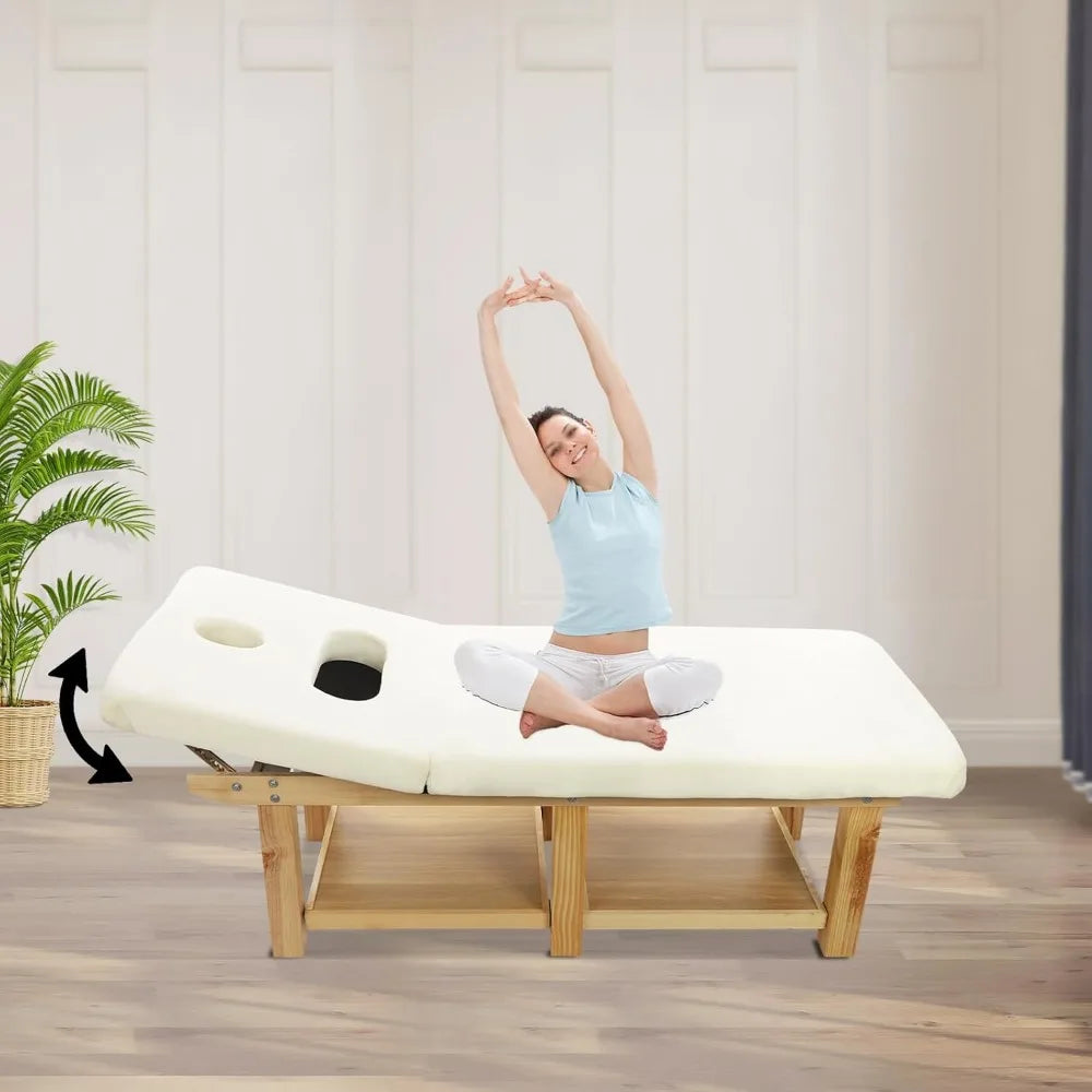 Stationary Massage Table - 75x31.5 Solid Wood Spa Bed with Adjustable Backrest