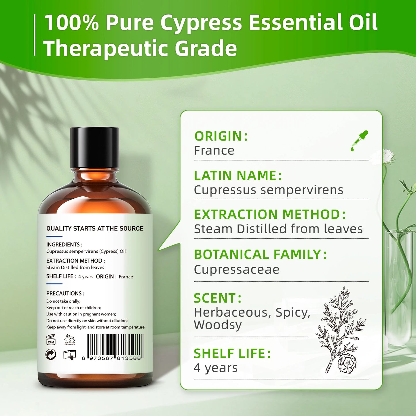 Cypress Essential Oil - 100% Pure Therapeutic Grade for Aromatherapy & Stress Relief