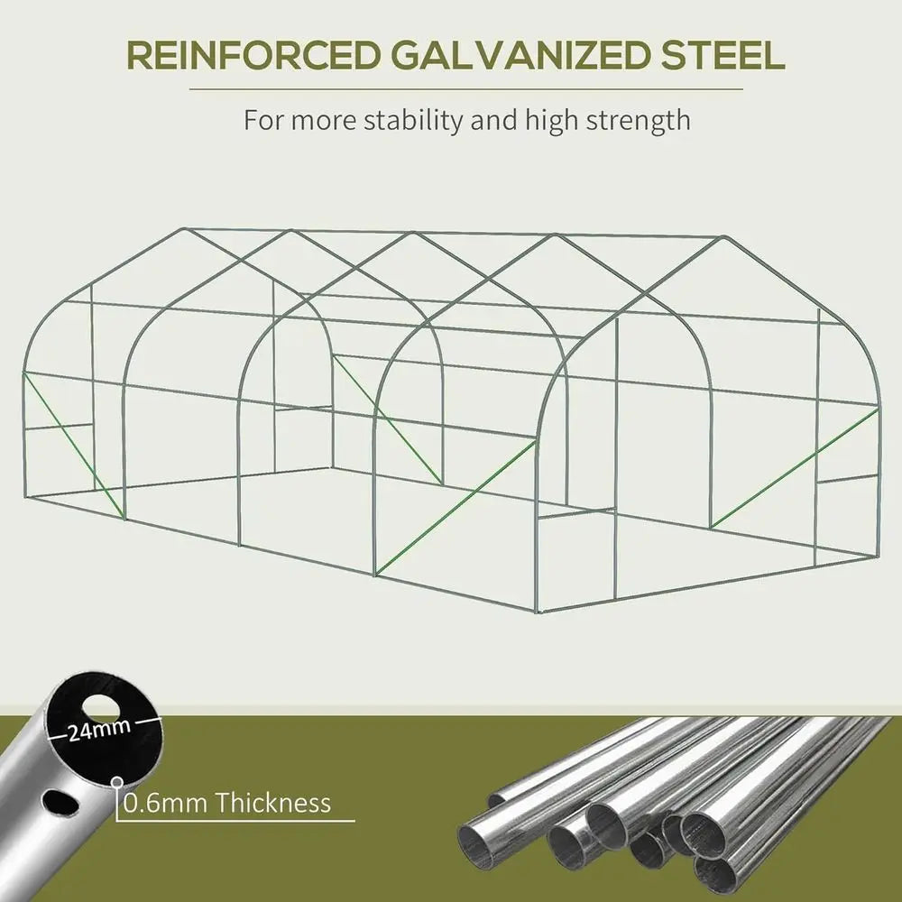 Walk-In Greenhouse 20' x 10' x 7' | Tunnel Style, Galvanized Steel Frame, 140 GSM PE Cover, 6 Windows