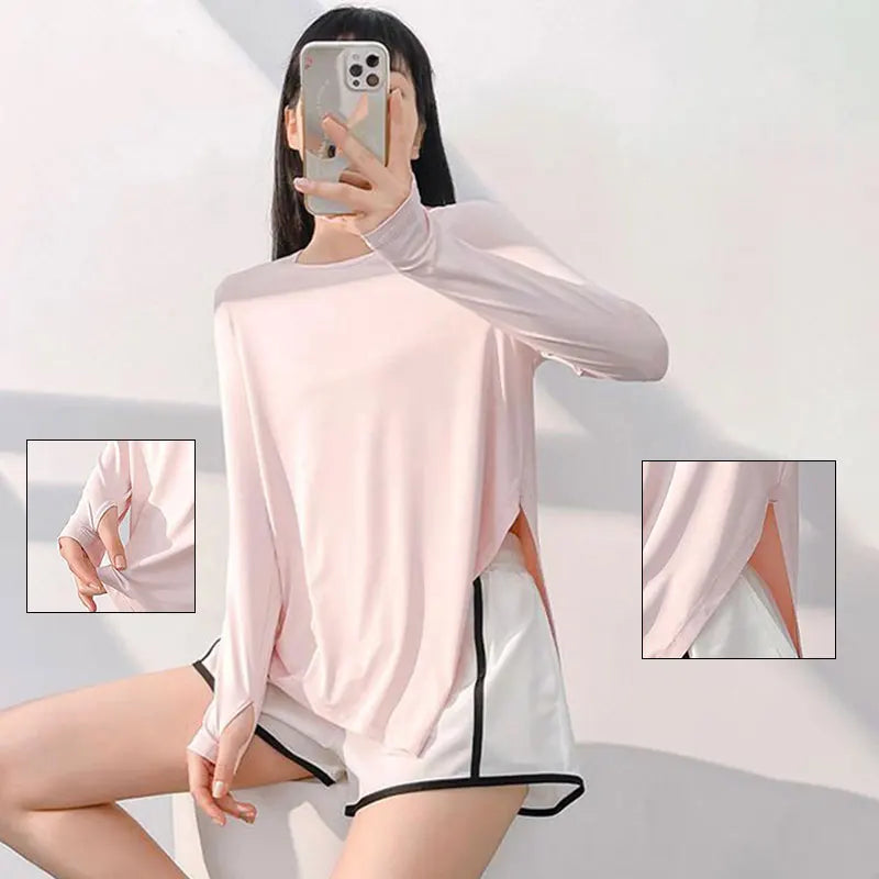 Women Yoga Long T-Shirt Round Neck Solid Color Loose Casual Sport Sunscreen Yoga Tops Fall Outdoor Riding Running Sport Yoga Top