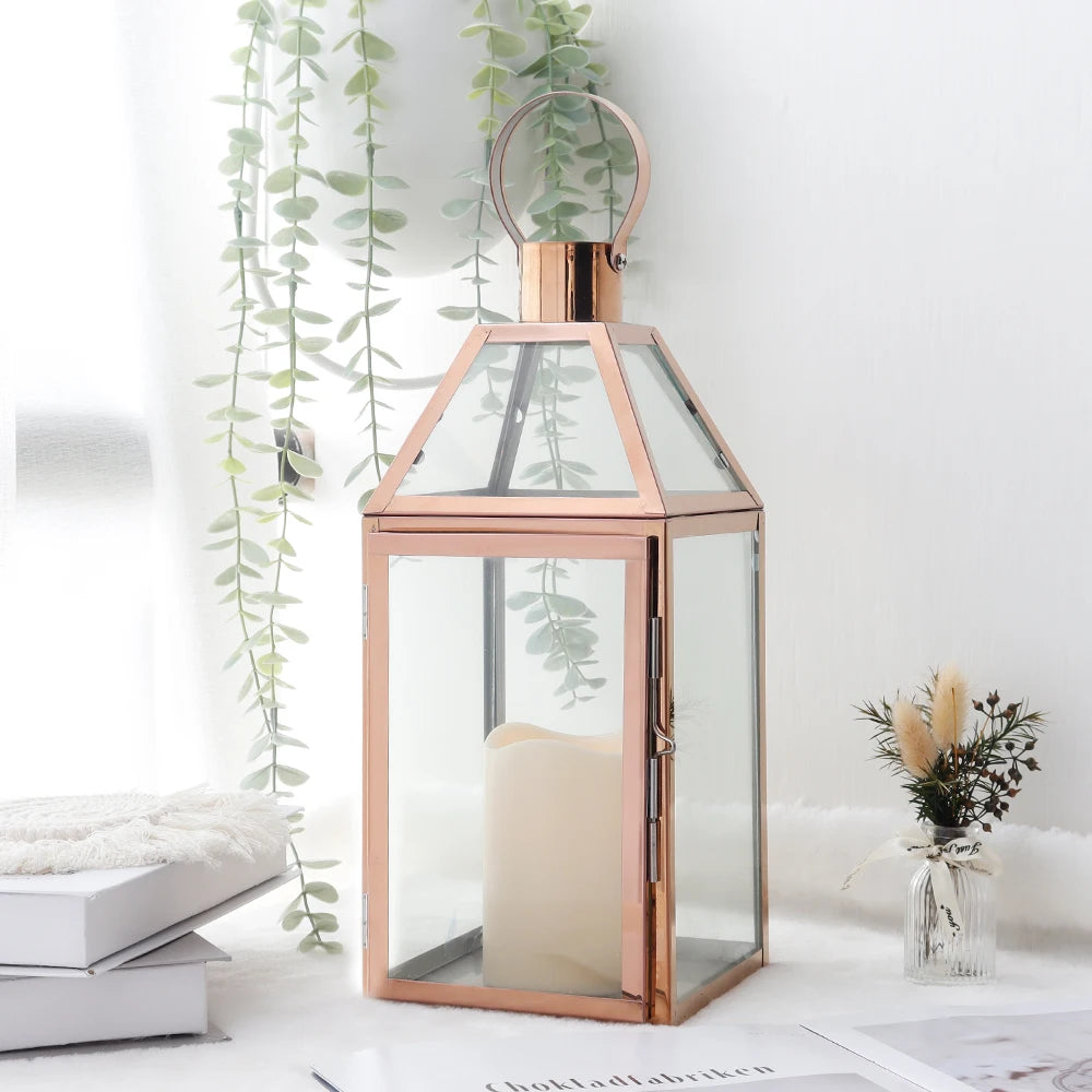 Rose Gold Stainless Steel Candle Holder Decorative Lanterns with Tempered Glass Table Candle Stick Wedding Party Home Decor