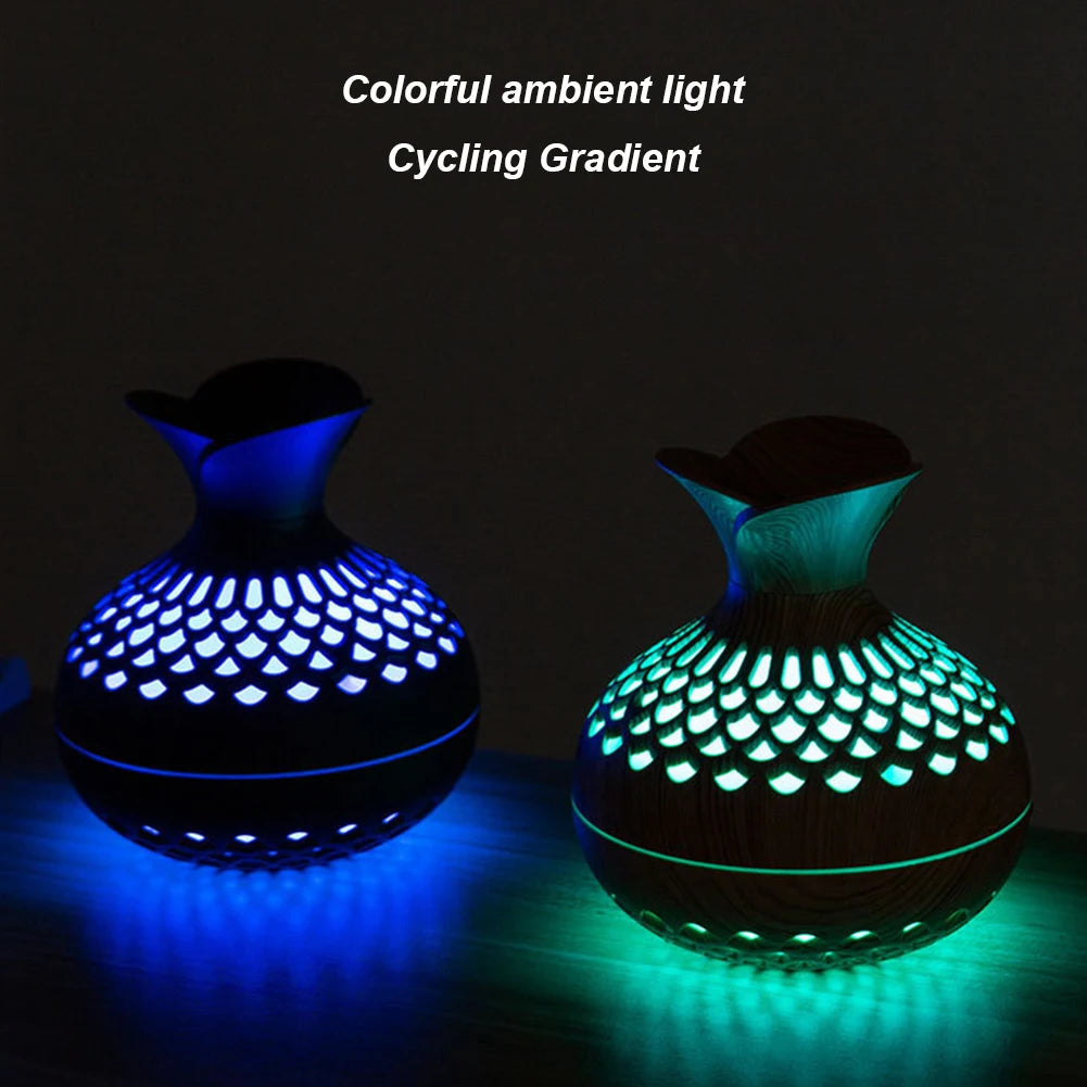 300ML Wood Grain Aromatherapy Humidifier - USB Rechargeable with LED Night Light