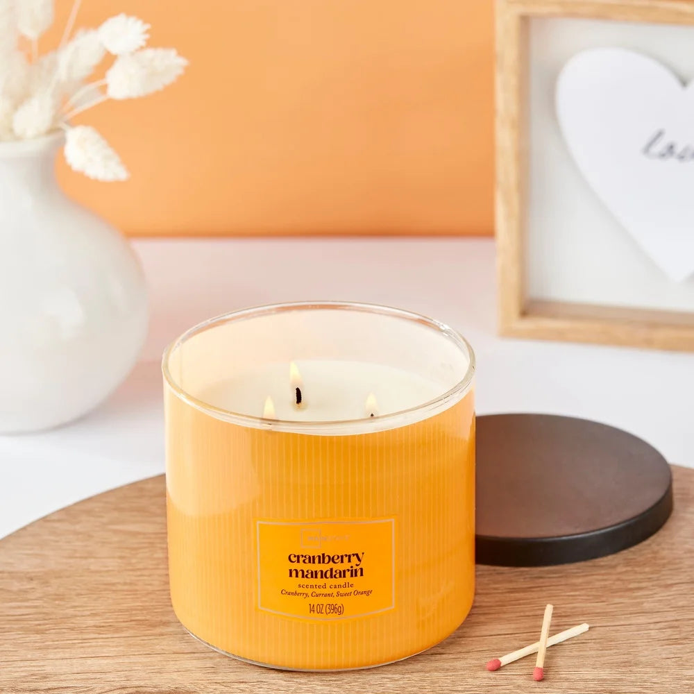 3-Wick Scented Candle Cranberry Mandarin Decorative Wrap 14 oz Long Lasting Paraffin Blend Wax Home Relaxation Gift