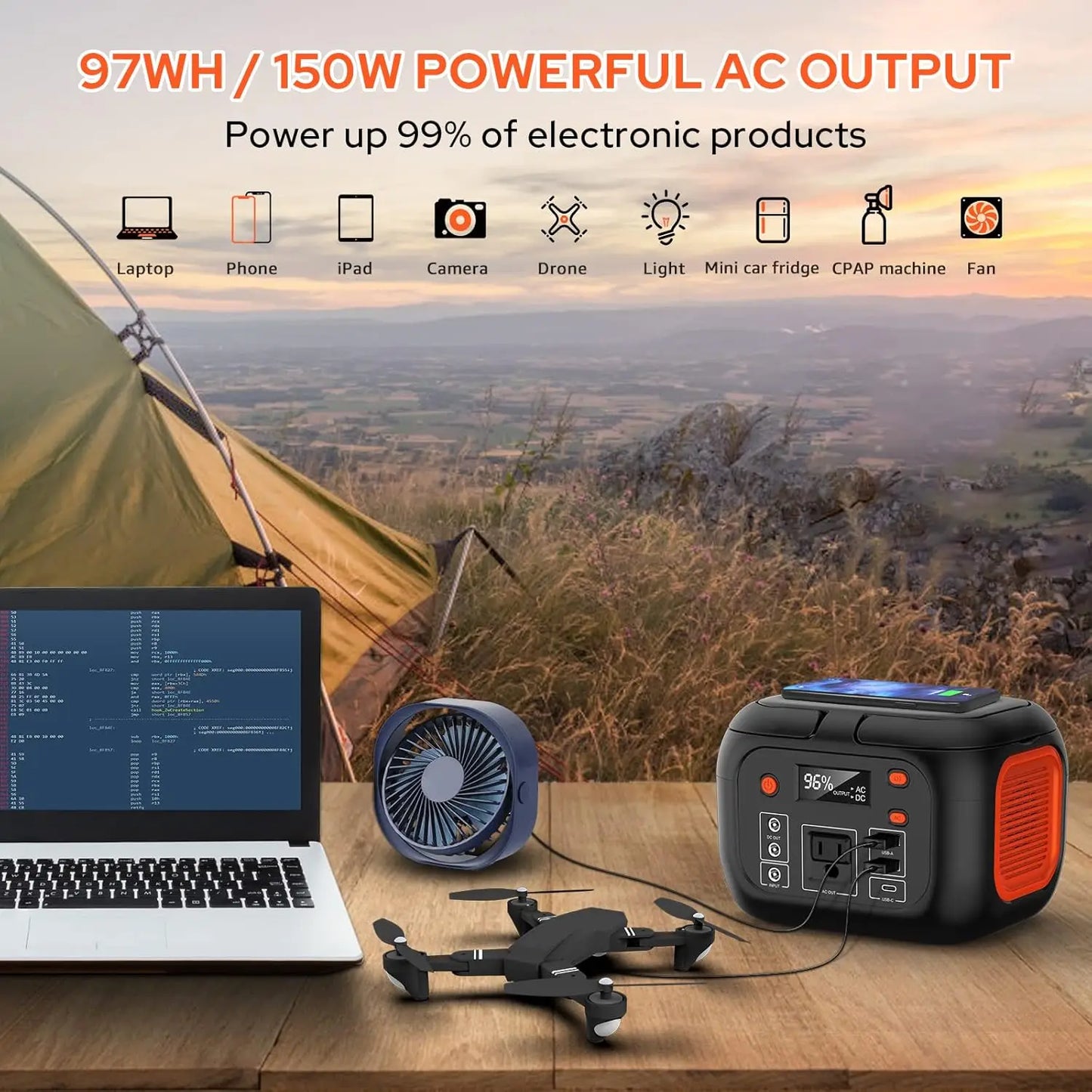 Portable Power Station 97Wh Backup Lithium Battery, Solar Generator Power Bank Station Fasting Charging 150W with Wireless