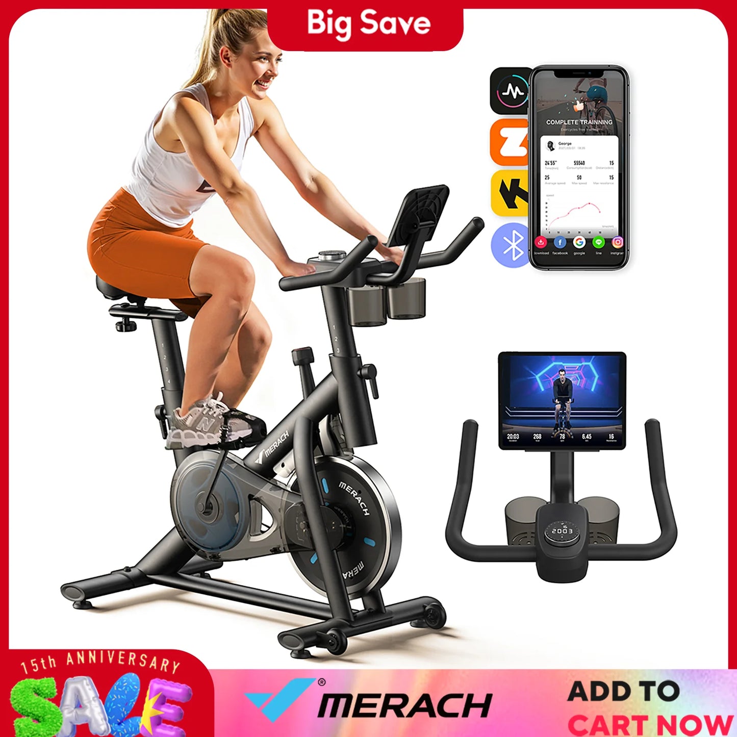 MERACH Exercise Bike, Brake Pad Stationary Bike, Low Noise, Indoor Cycling Bike, 270lbs Weight Capacity, Tablet Mount Fitness Courses