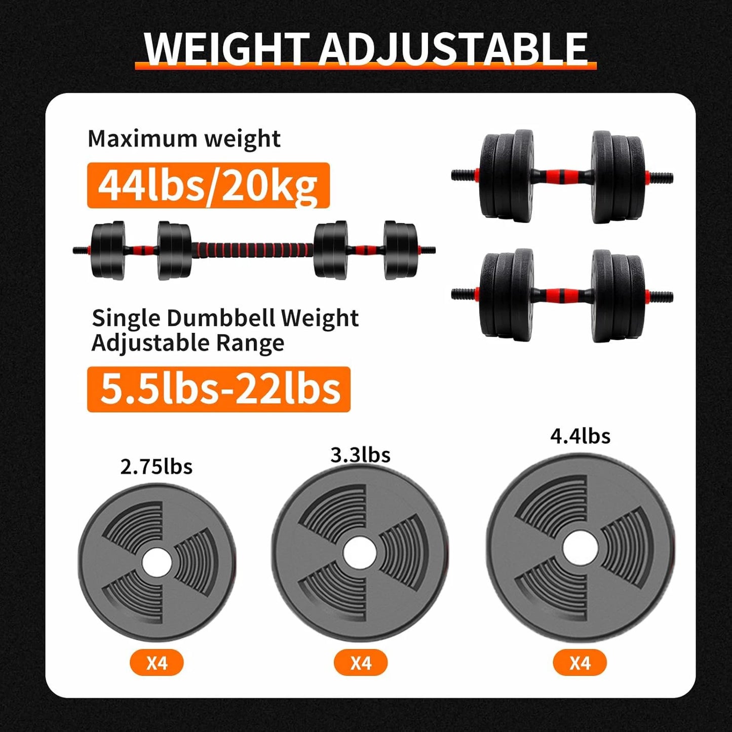 Adjustable Dumbbell to Barbell Set 5–44 lbs, Anti-Slip Grip for Home Gym | StriveRiseFit