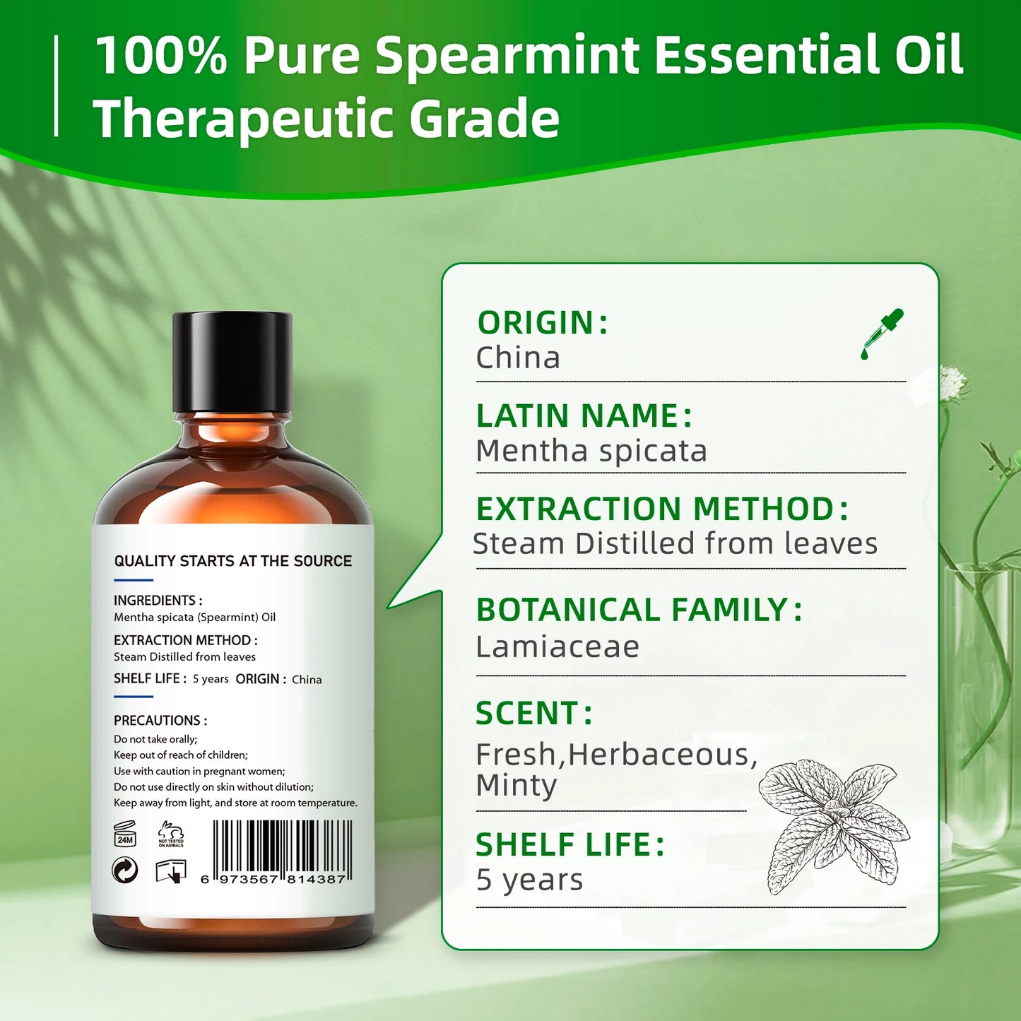 HIQILI Spearmint Essential Oil 100ML - Pure Aromatherapy Oil for Diffuser, Massage & Bath