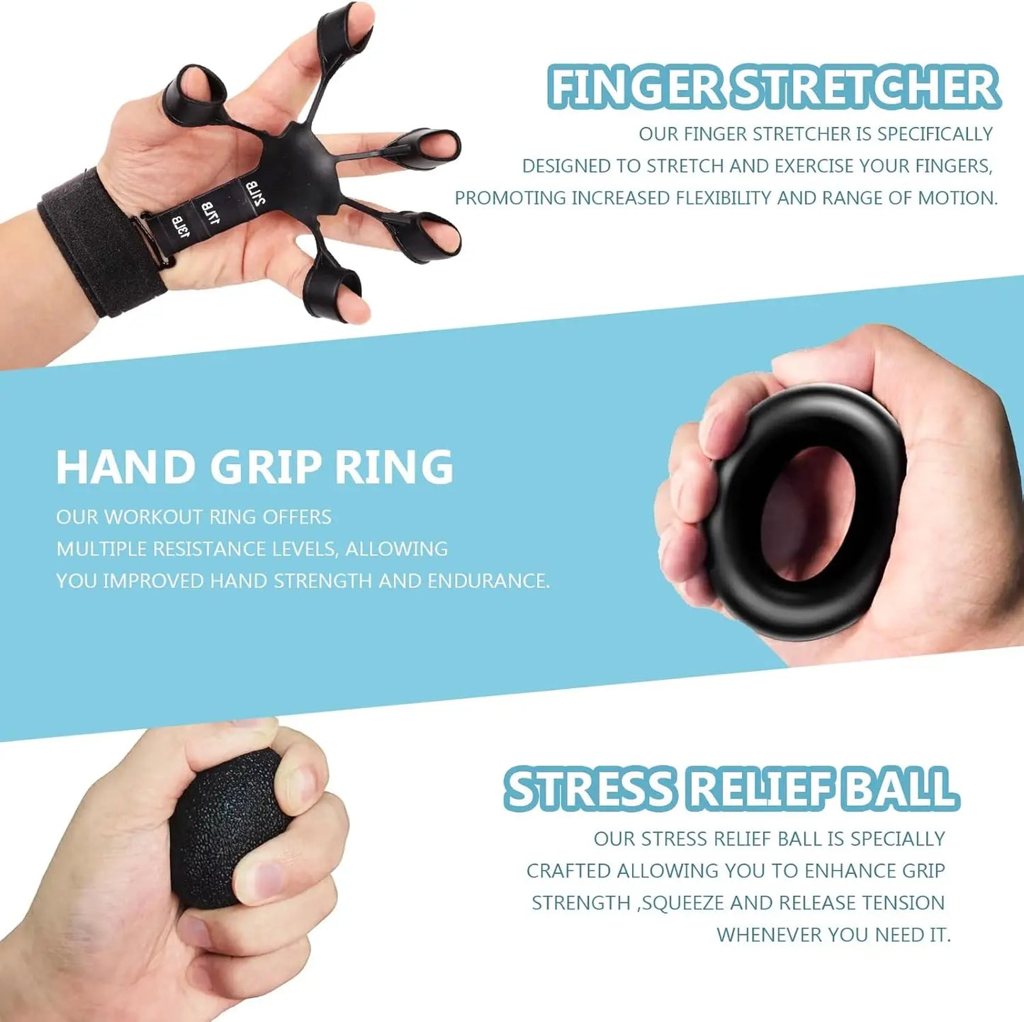 Grip Trainer Kit, Adjustable Hand Gripper, Finger Exerciser, Stress Ball & Forearm Ring | StriveRiseFit
