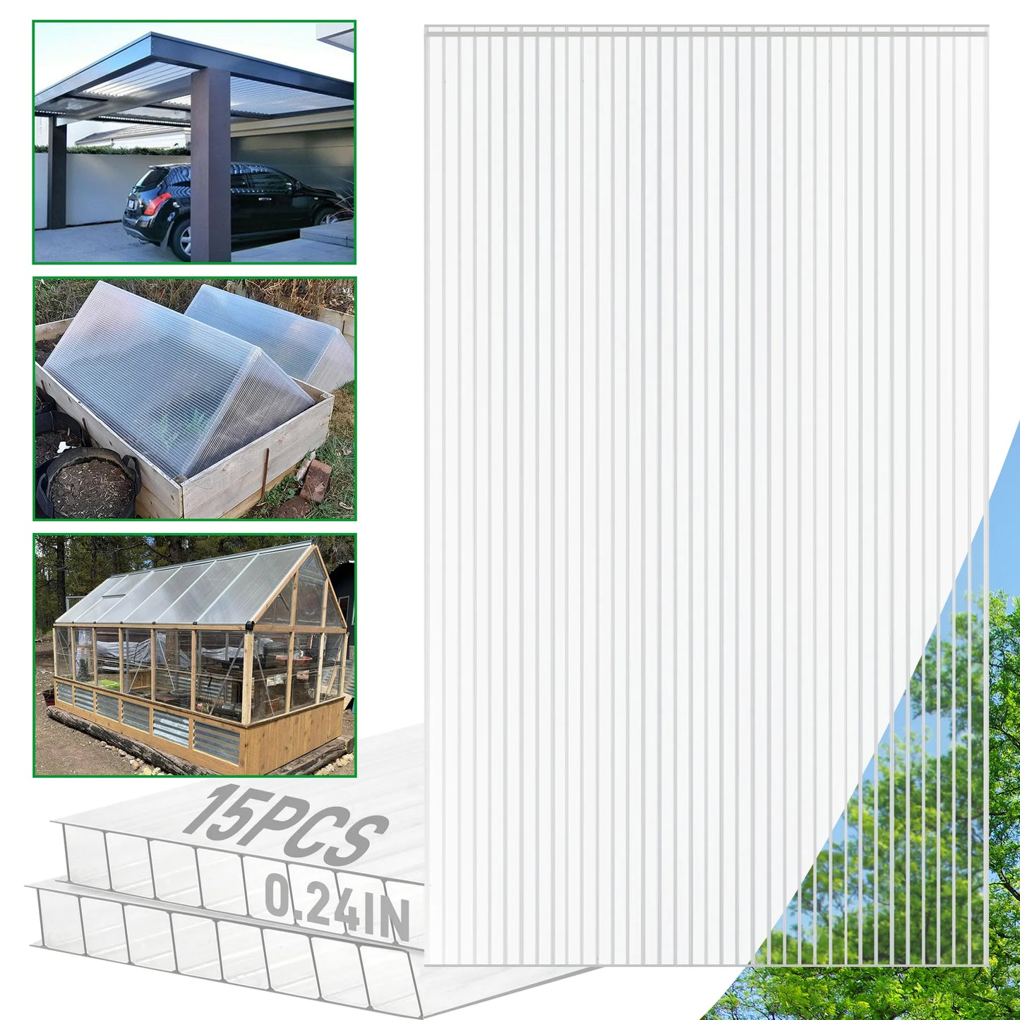 Polycarbonate Greenhouse Panels 15-Pack | 4'x2' Twin-Wall, 89% Light, UV-Resistant