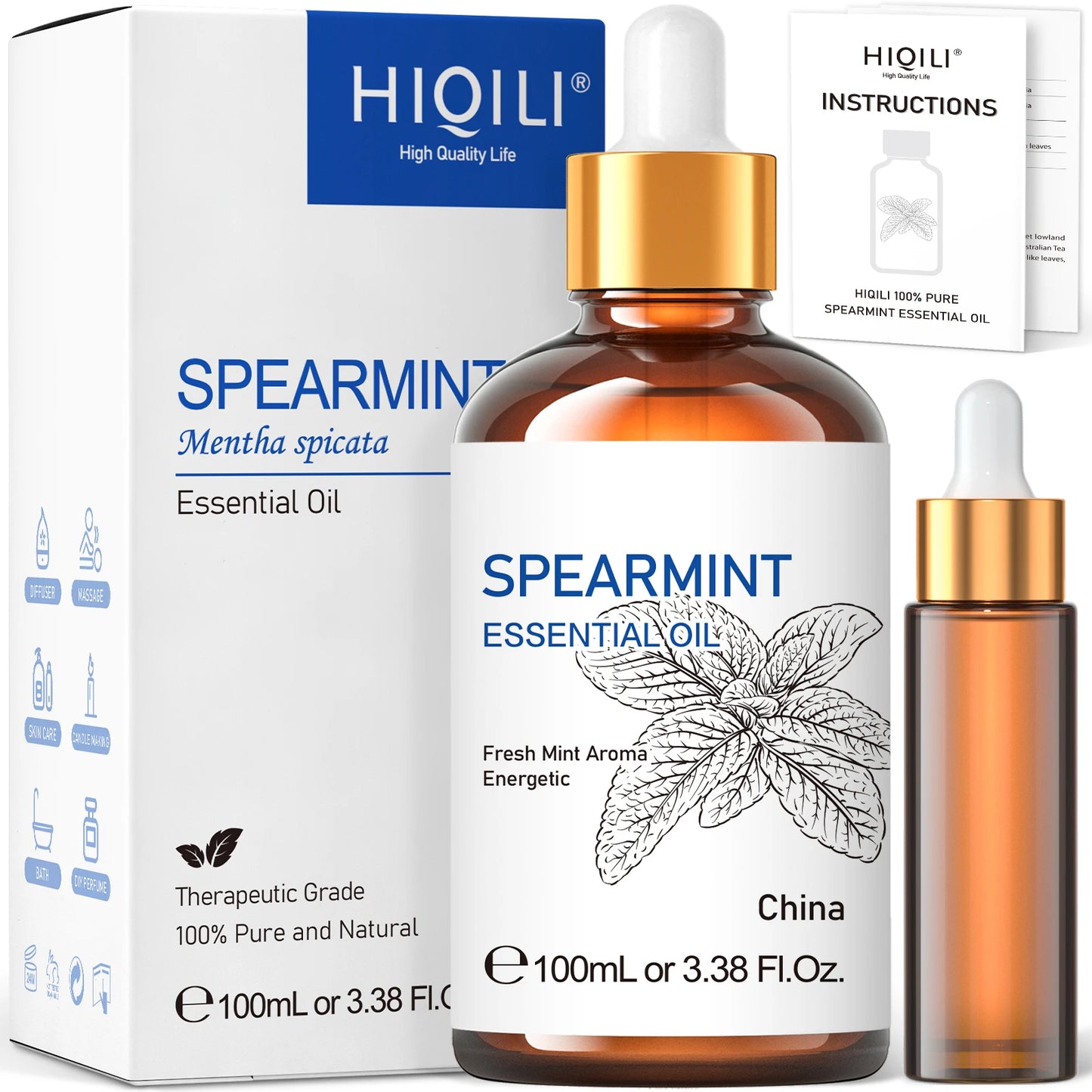 HIQILI Spearmint Essential Oil 100ML - Pure Aromatherapy Oil for Diffuser, Massage & Bath