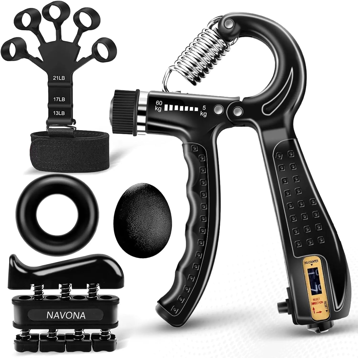 Grip Trainer Kit, Adjustable Hand Gripper, Finger Exerciser, Stress Ball & Forearm Ring | StriveRiseFit