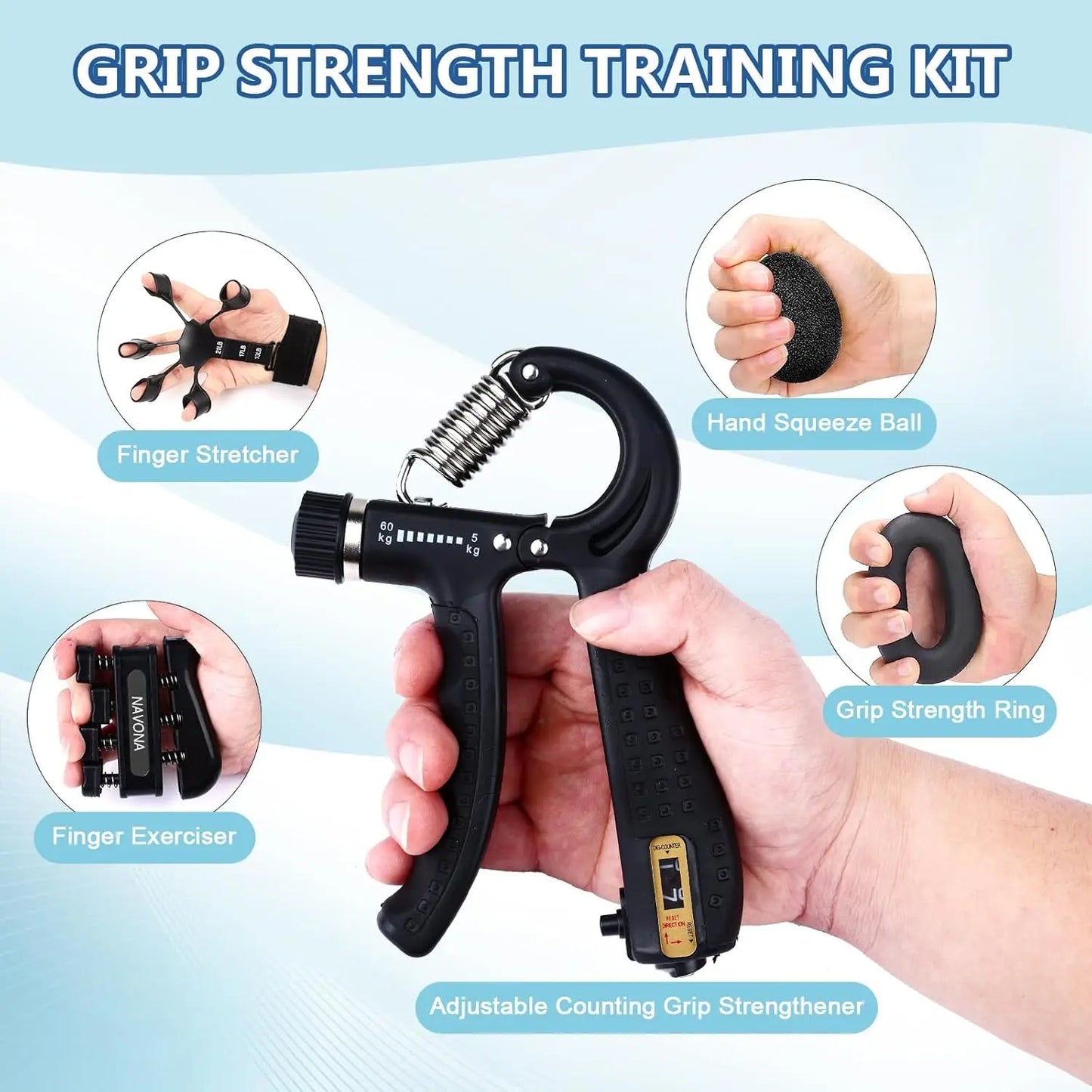 Grip Trainer Kit, Adjustable Hand Gripper, Finger Exerciser, Stress Ball & Forearm Ring | StriveRiseFit