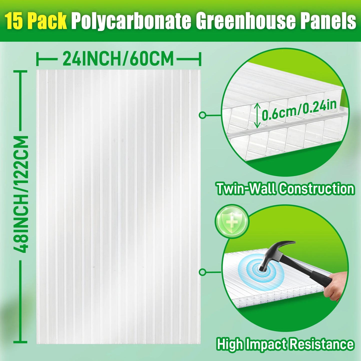 Polycarbonate Greenhouse Panels 15-Pack | 4'x2' Twin-Wall, 89% Light, UV-Resistant