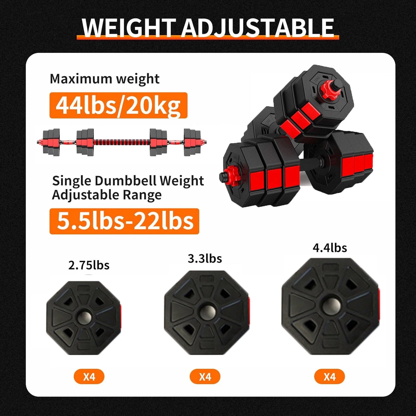 3-in-1 Adjustable Dumbbell to Barbell Set, 44 lbs Anti-Slip Home Gym | StriveRiseFit