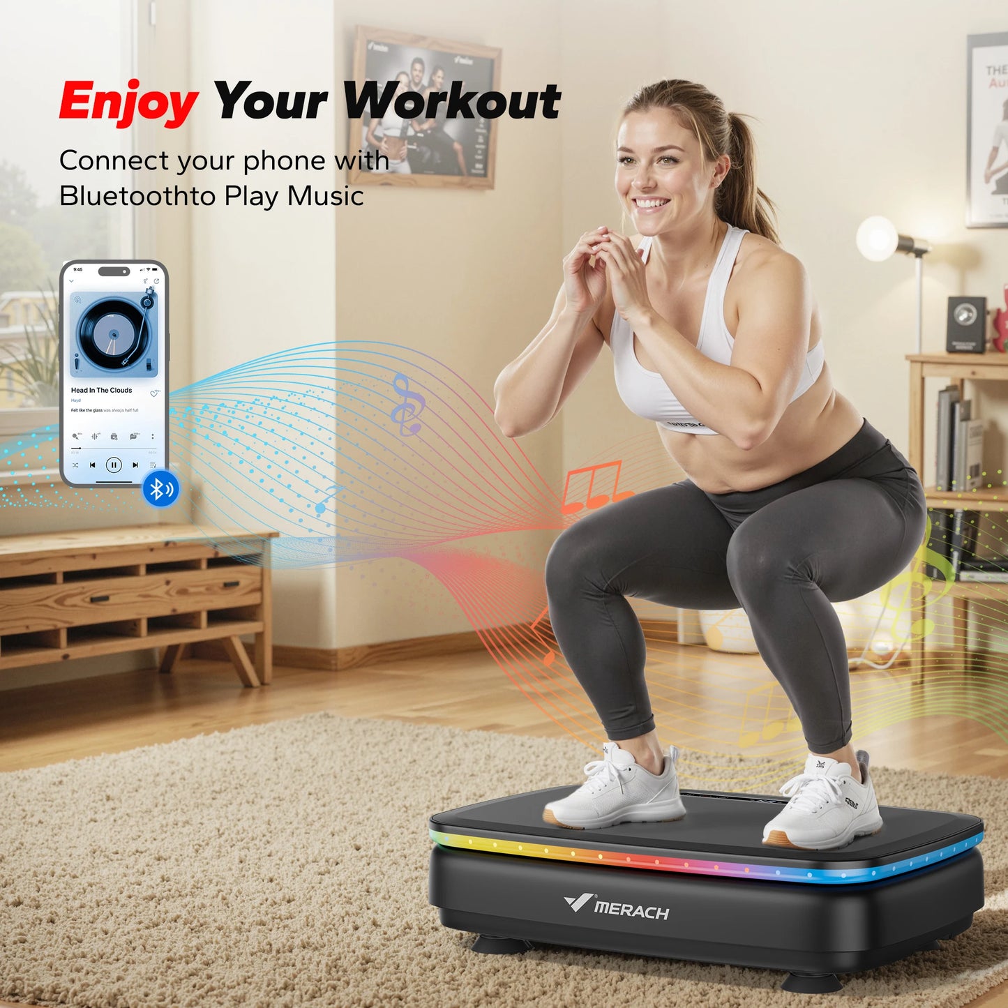 MERACH Vibration Plate Exercise Machine | Bluetooth, 7-Color LED, 99 Speeds, 330LB, with Light & No Light Options