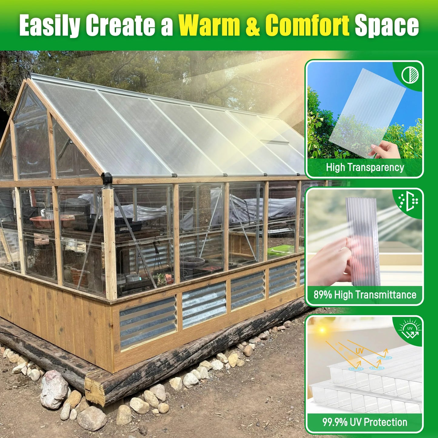 Polycarbonate Greenhouse Panels 15-Pack | 4'x2' Twin-Wall, 89% Light, UV-Resistant