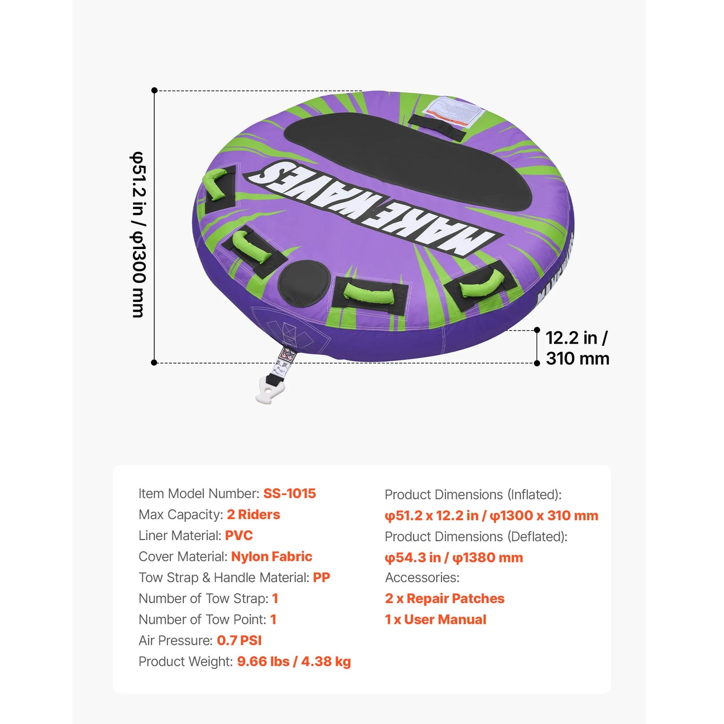 Towable Tubes for Boating 2-4 Person | Inflatable Water Tube with Anti-Slip Pad | StriveRiseFit