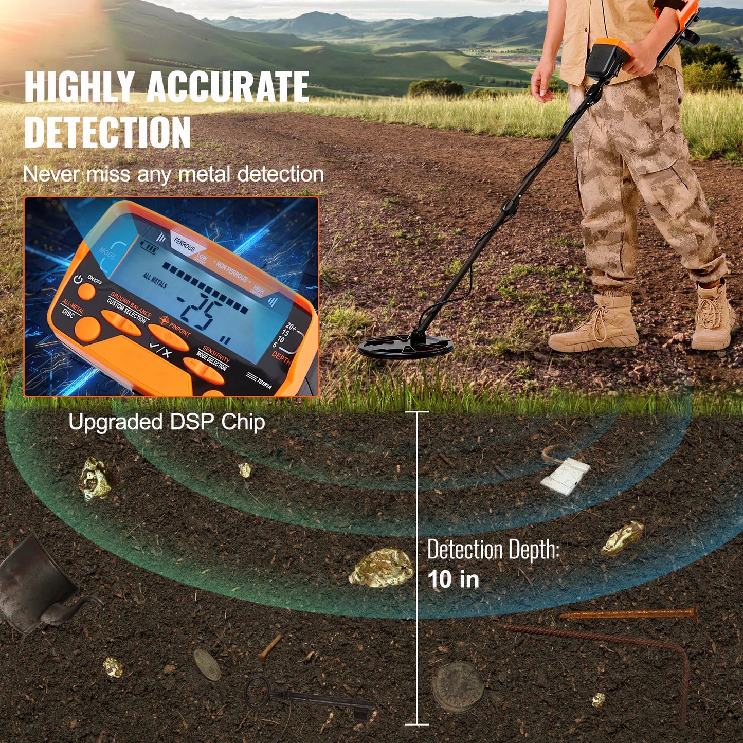 10-Inch Metal Detector for Adults & Kids — 7 Modes, LCD Display, IP68 Waterproof | StriveRiseFit