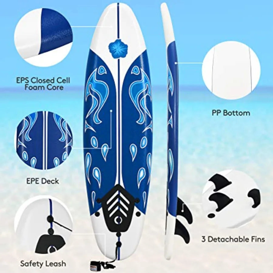 6ft Foam Surfboard for Beginners with Removable Fins Youth & Adult Beginner Surfboard | StriveRiseFit