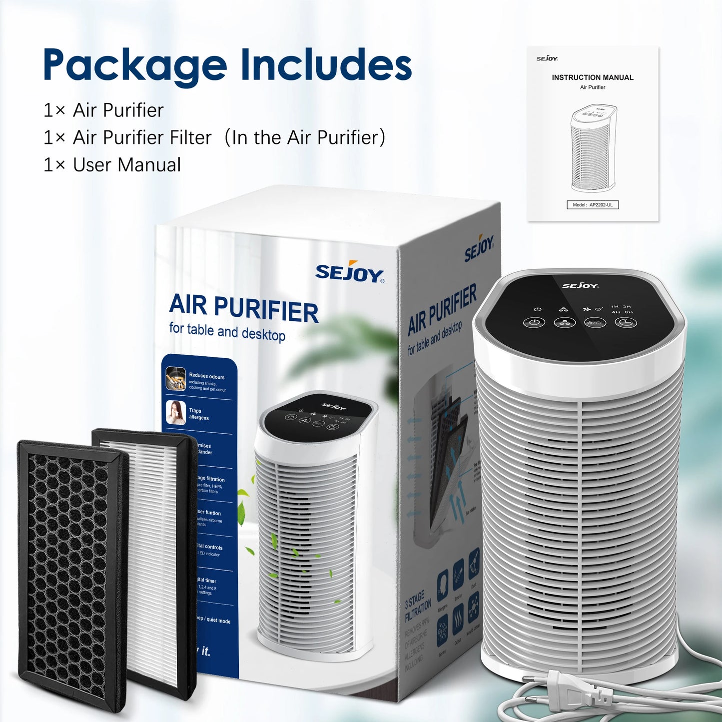 Sejoy HEPA Air Purifier - 99.9% Removal, Quiet 3-Speed for 200 Sq Ft Rooms