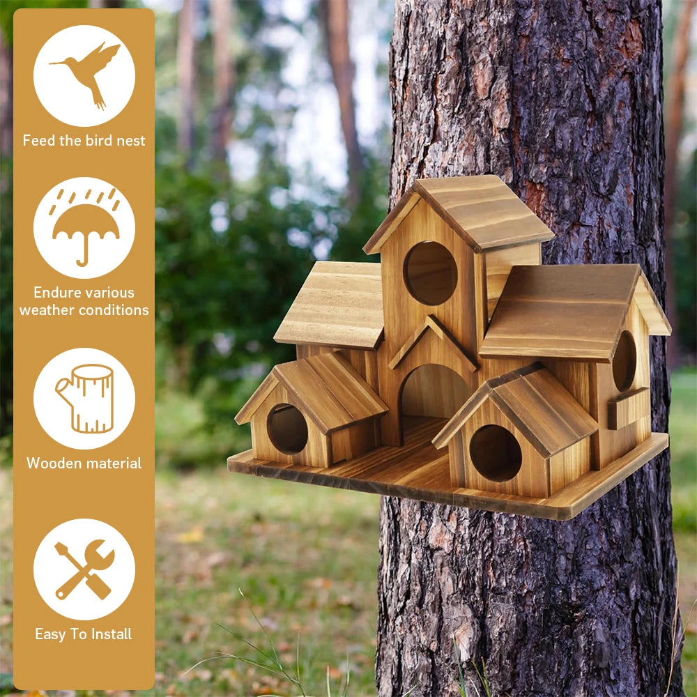 Outdoor Wooden Castle Birdhouse 5-Hole Garden Decor | StriveRiseFit
