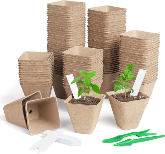 Square Biodegradable Peat Pots | 150-Pack + Labels | Seed Starting | StriveRiseFit
