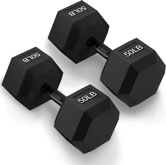 Rubber Encased Exercise & Fitness Hex Dumbbell, Hand Weights with Anti-Slip Metal Handle for Home Gym, Multiple Sizes