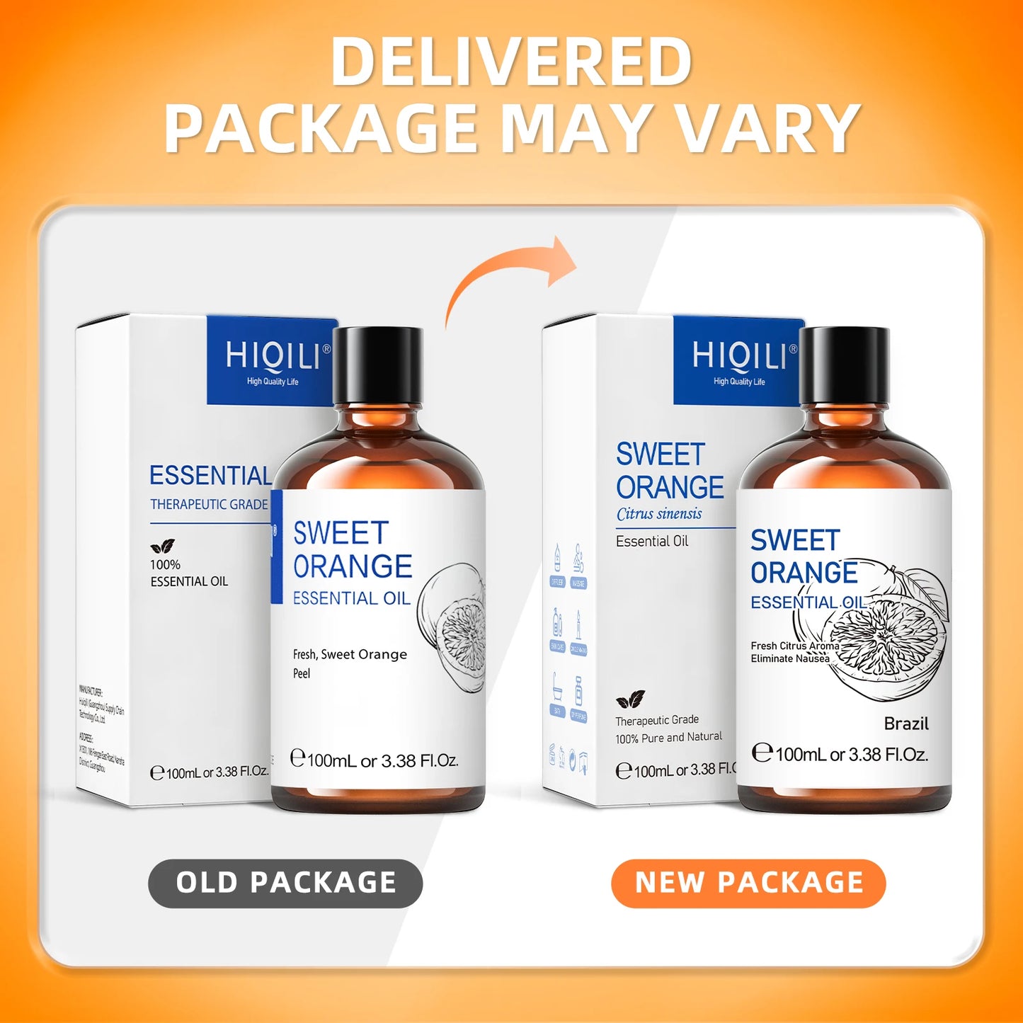 HIQILI 100ML Sweet Orange Essential Oils,100% Pure Nature for Aromatherapy, Diffuser, Humidifier, Massage, Fresh Air, Candle