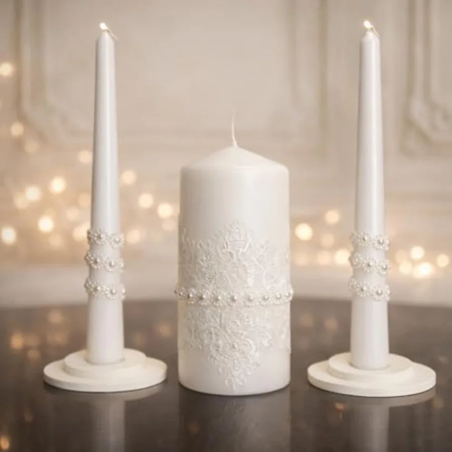 White Wedding Unity Candle Set 6" Pillar & 10" Taper Candles | StriveRiseFit