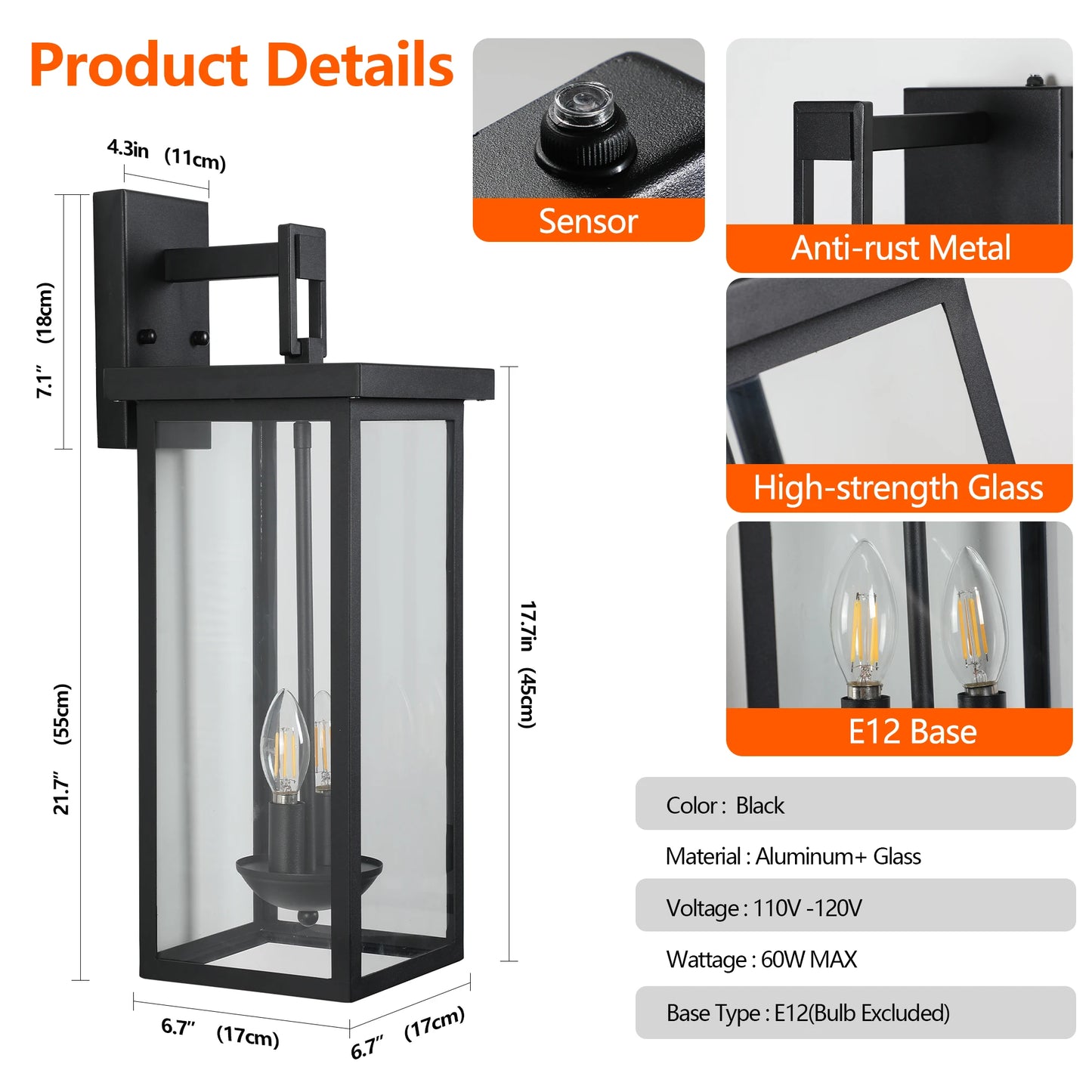 22" Outdoor Wall Lantern | Dusk to Dawn | Matte Black | IP65 | 2-Light | StriveRiseFit