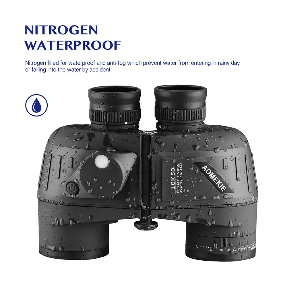 10x50 Marine Binoculars | BAK4 Prism, FMC Lens, Illuminated Compass & Rangefinder, IPX6 Waterproof