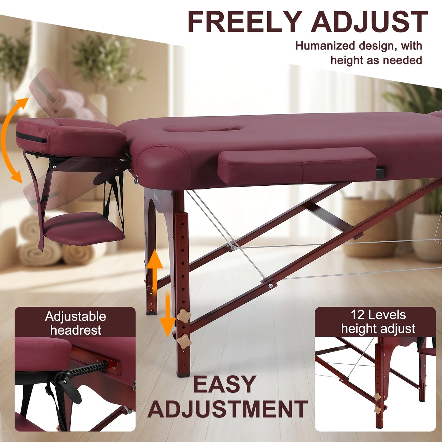Professional Folding Massage Table | 73", 1500 lb, 4.33" Foam, Claret & Black