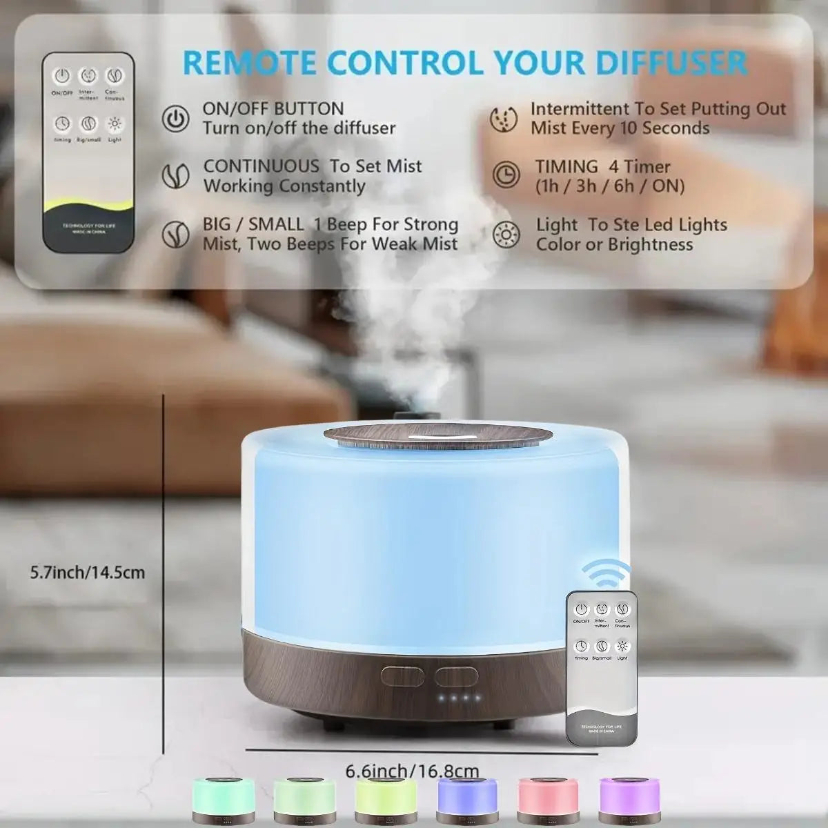 500ml Wood Grain Aromatherapy Diffuser with Remote 7 LED Colors & 6 Essential Oils | StriveRiseFit