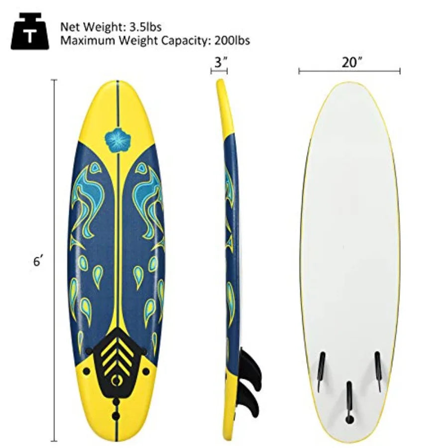 6ft Foam Surfboard with Removable Fins Non-Slip Deck & Leash for Surfing Fishing Water Yoga | StriveRiseFit