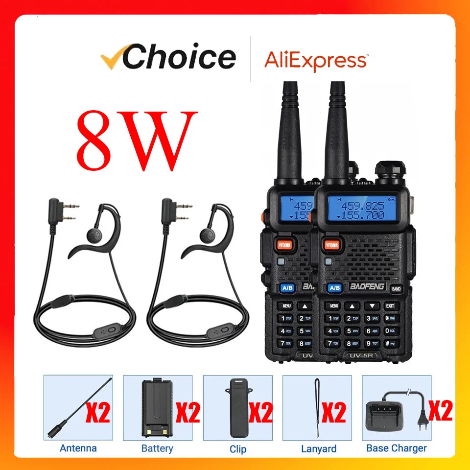 2pcs BAOFENG UV-5R 5W 8W High Power Dual Band Two Way Radio Long Range Handheld Portable Walkies Talkies For Hunting