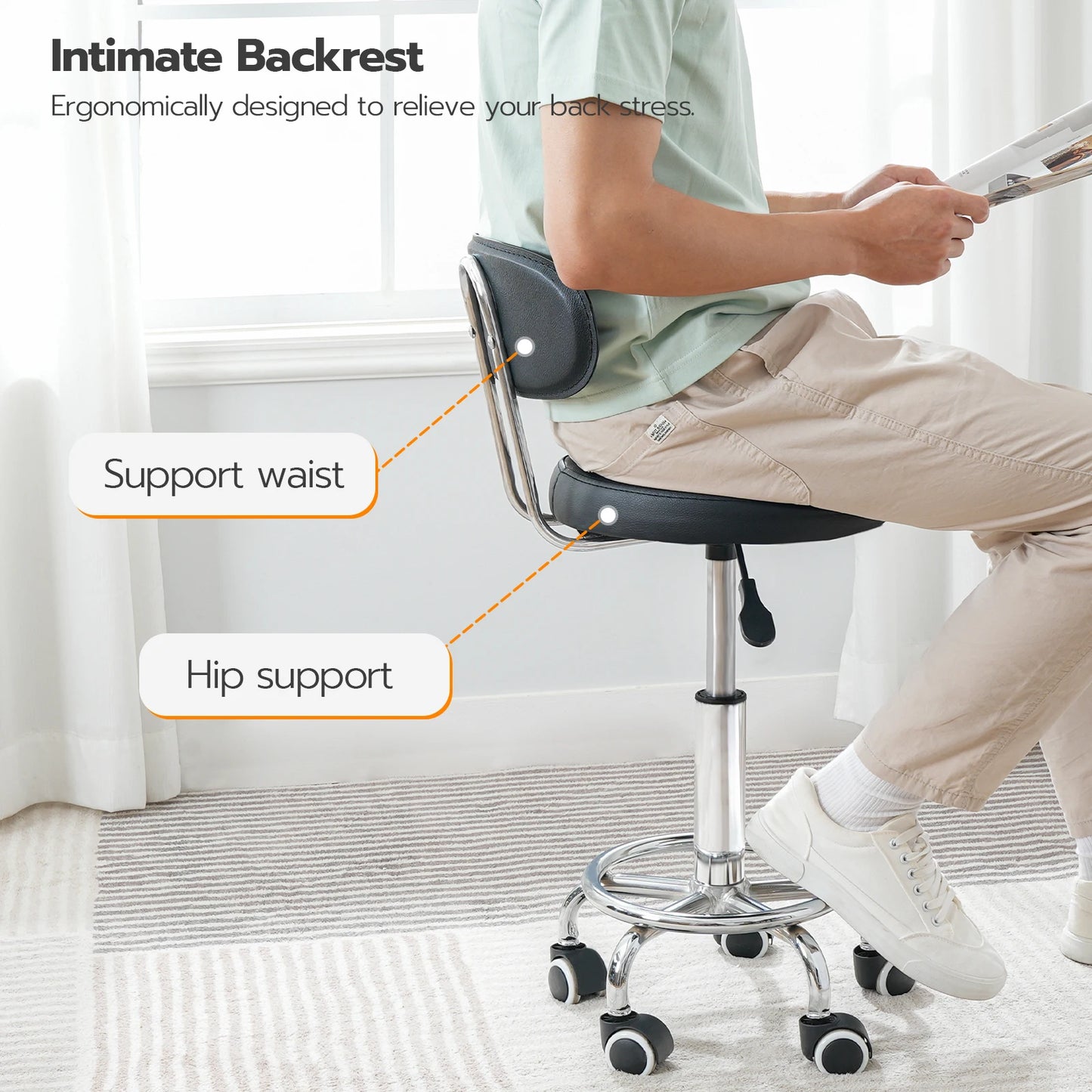 Height-Adjustable Rolling Stool with 360° Swivel — Office, Salon & Drafting Chair | StriveRiseFit