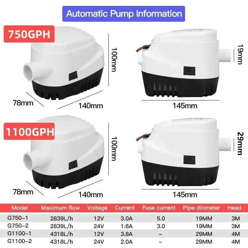 Automatic Submersible Bilge Pump with Auto Float Switch — 750 & 1100 GPH | 12V, 24V, 110V, 220V