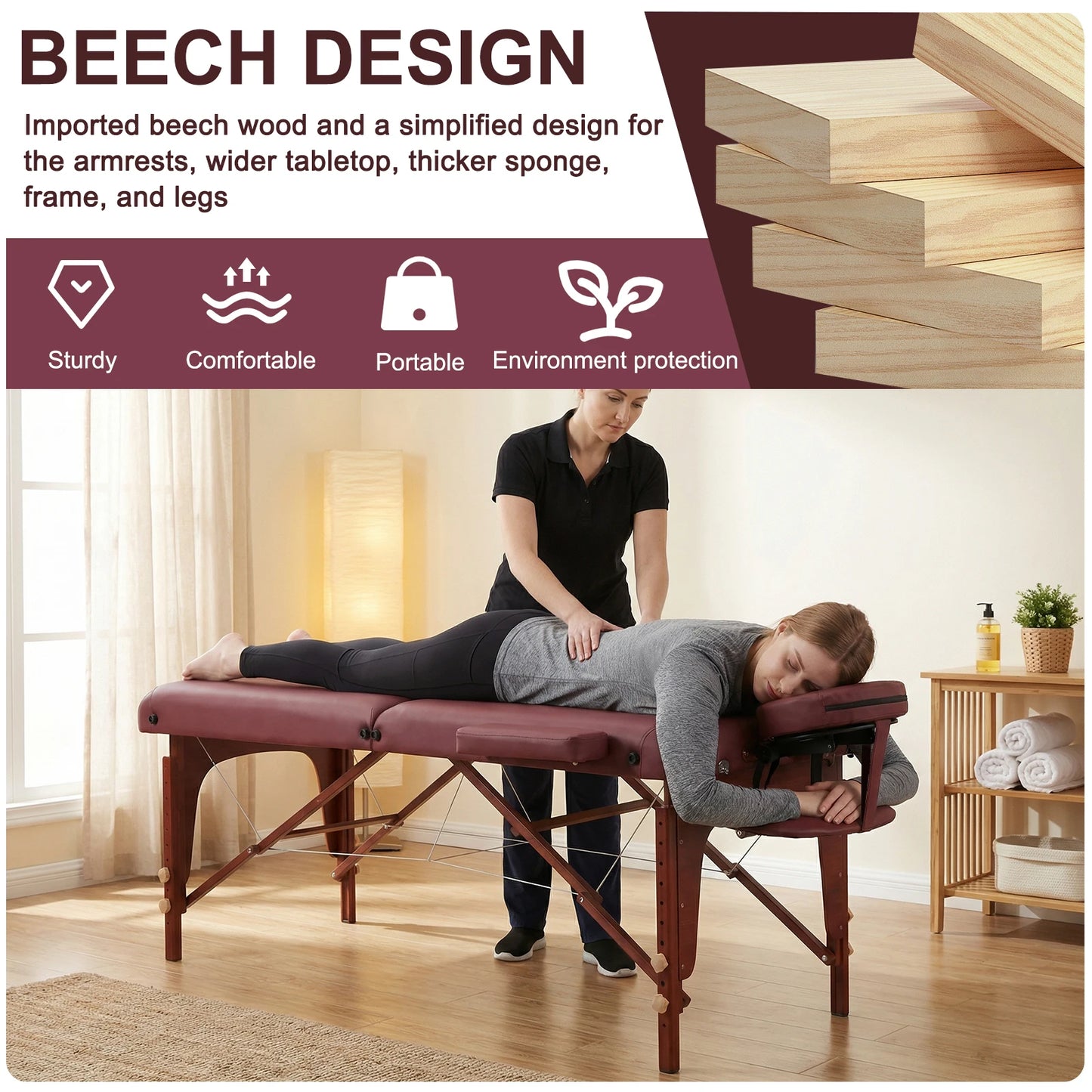 Professional Folding Massage Table | 73", 1500 lb, 4.33" Foam, Claret & Black