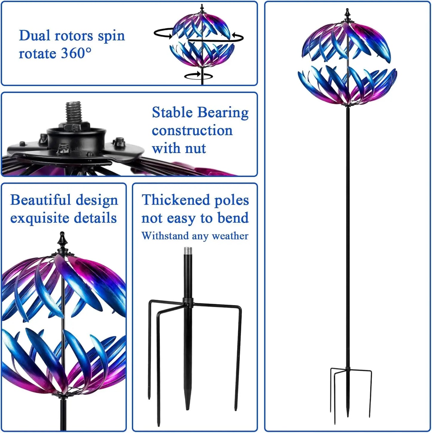 Kinetic Garden Wind Spinner | Double-Layer Metal | Blue & Purple Gradient | 24" | StriveRiseFit