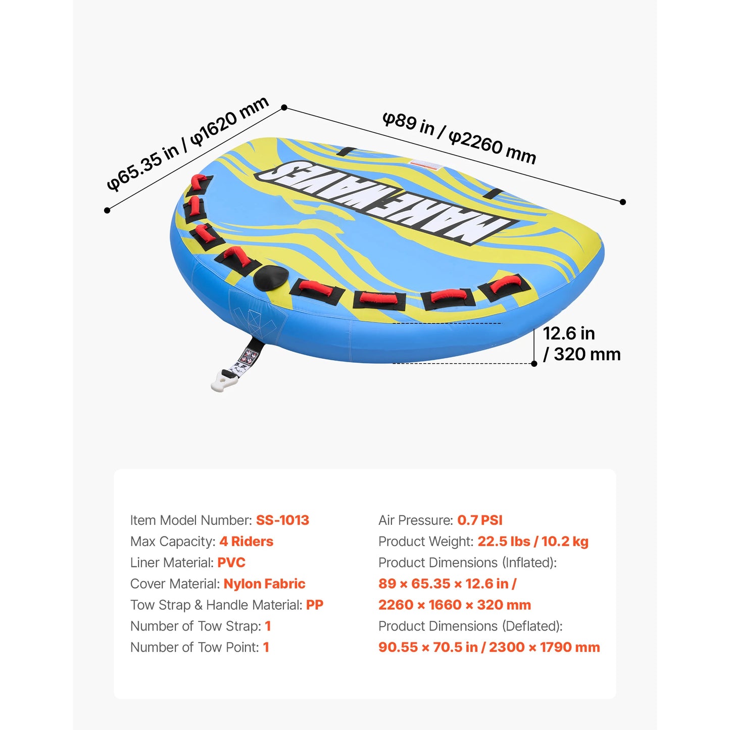 Towable Tubes for Boating 2-4 Person | Inflatable Water Tube with Anti-Slip Pad | StriveRiseFit
