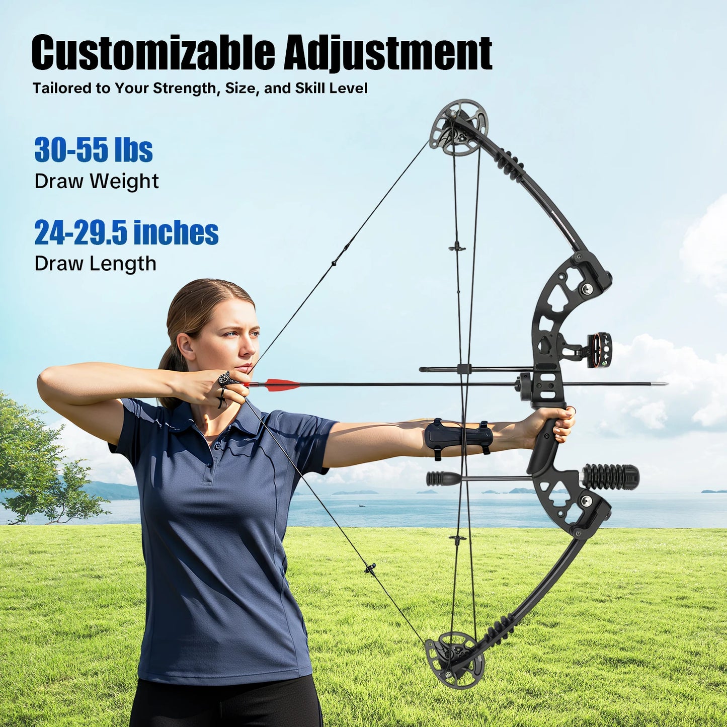 30-55 lbs Adult Compound Bow Complete Set - Adjustable Draw, 3-Pin Sight, 12 Arrows