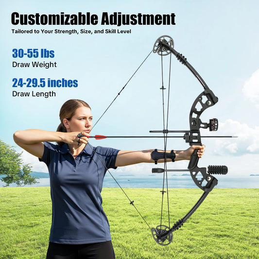 30-55 lbs Adult Compound Bow Complete Set - Adjustable Draw, 3-Pin Sight, 12 Arrows