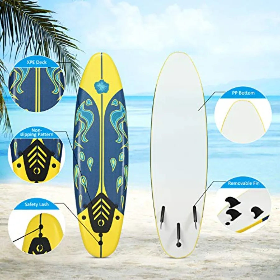 6ft Foam Surfboard with Removable Fins Non-Slip Deck & Leash for Surfing Fishing Water Yoga | StriveRiseFit