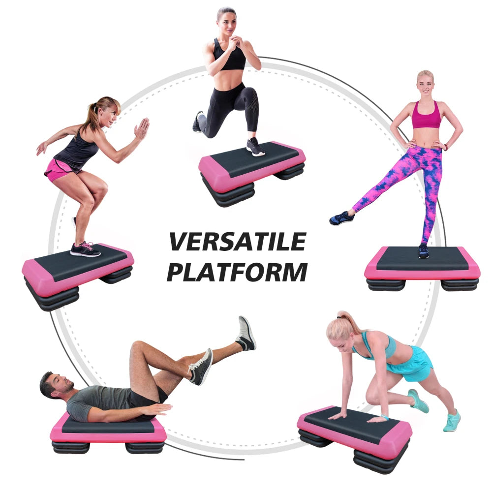 Adjustable Workout Aerobic Stepper, Fitness & Exercise Step Platform, Trainer, Pink Black with 4 Risers