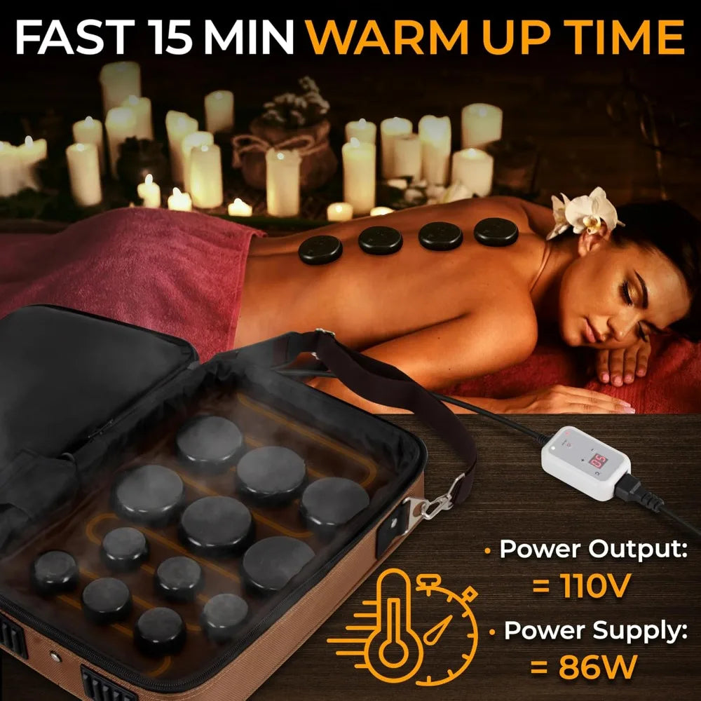 Electric Spa Hot Stones Massager and Heater Kit with 6 Large and 6 Small Round Shaped Basalt Massaging Rocks
