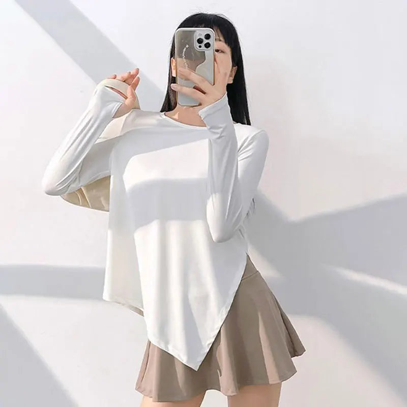 Women Yoga Long T-Shirt Round Neck Solid Color Loose Casual Sport Sunscreen Yoga Tops Fall Outdoor Riding Running Sport Yoga Top